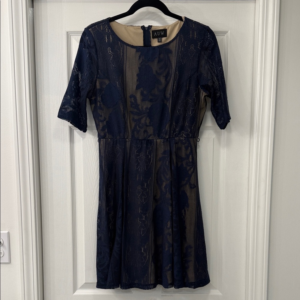 AUW Midnight Blue Lace Overlay Mini Dress